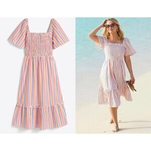 Draper James Deana Smocked Multicolor Striped Plus Size Cotton Dress, Size XXL